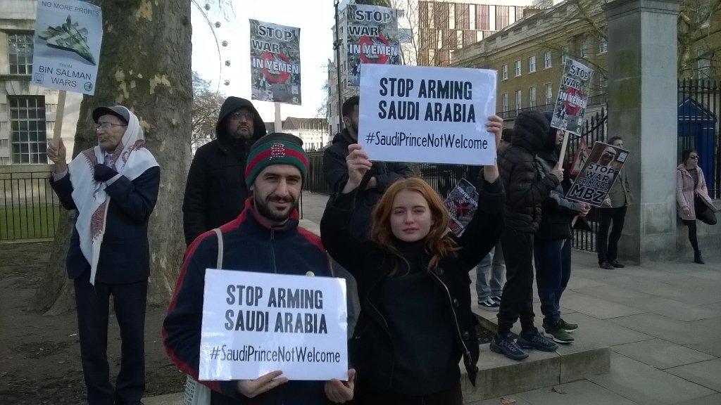 PPU members demonstrating against the UK government's military support for Saudi Arabia